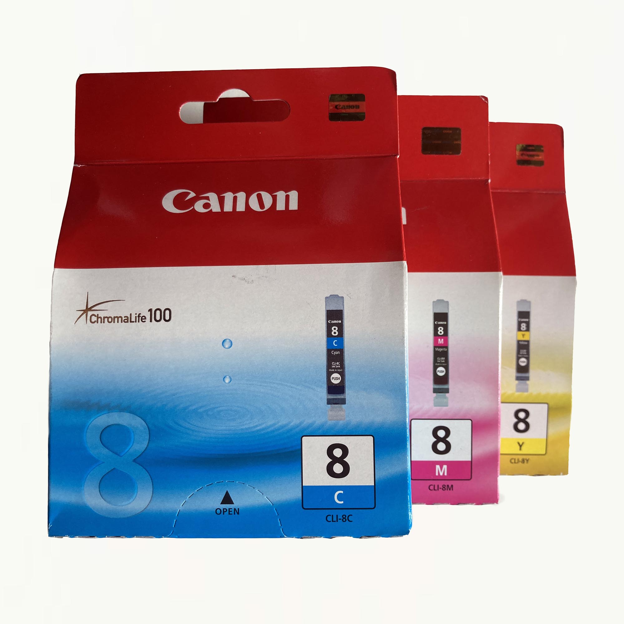 Auf dem Bild sehen Sie eine Canon CLI-8 Cyan (C) / Magenta (M) / Gelb (Y) Original Tinten - Multipack (0621B029)