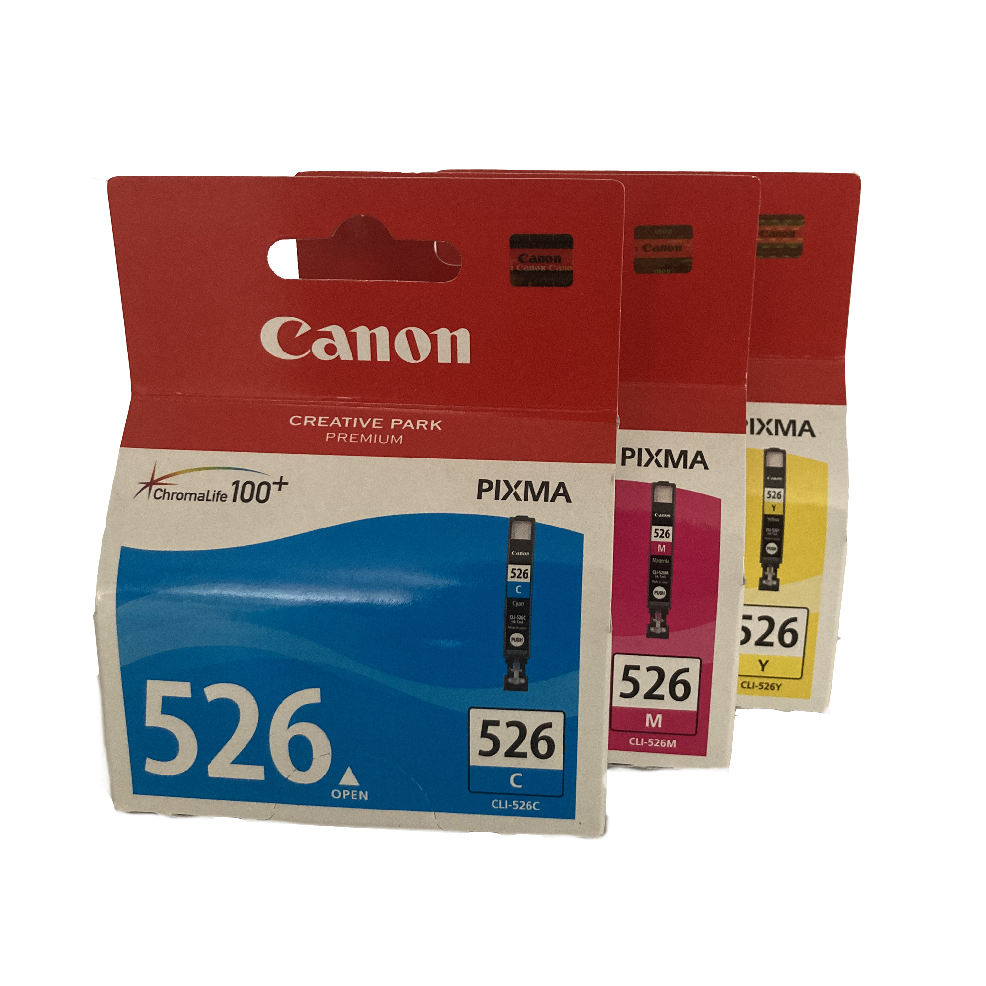 Auf dem Bild sehen Sie eine Canon CLI-526 Cyan (C) / Magenta (M) / Gelb (Y) Original Tinten - Multipack (4541B006)